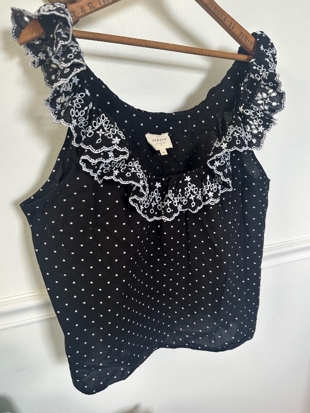 Sézane Rosa Polka Dot Eyelet Ruffle Blouse 46